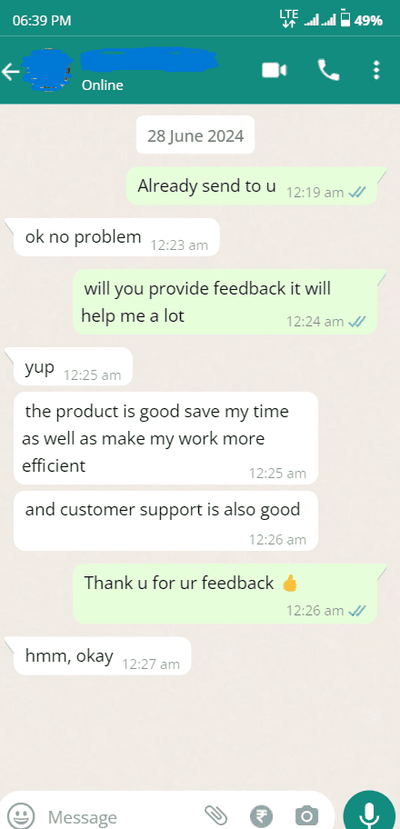 Customer WhatsApp review 1